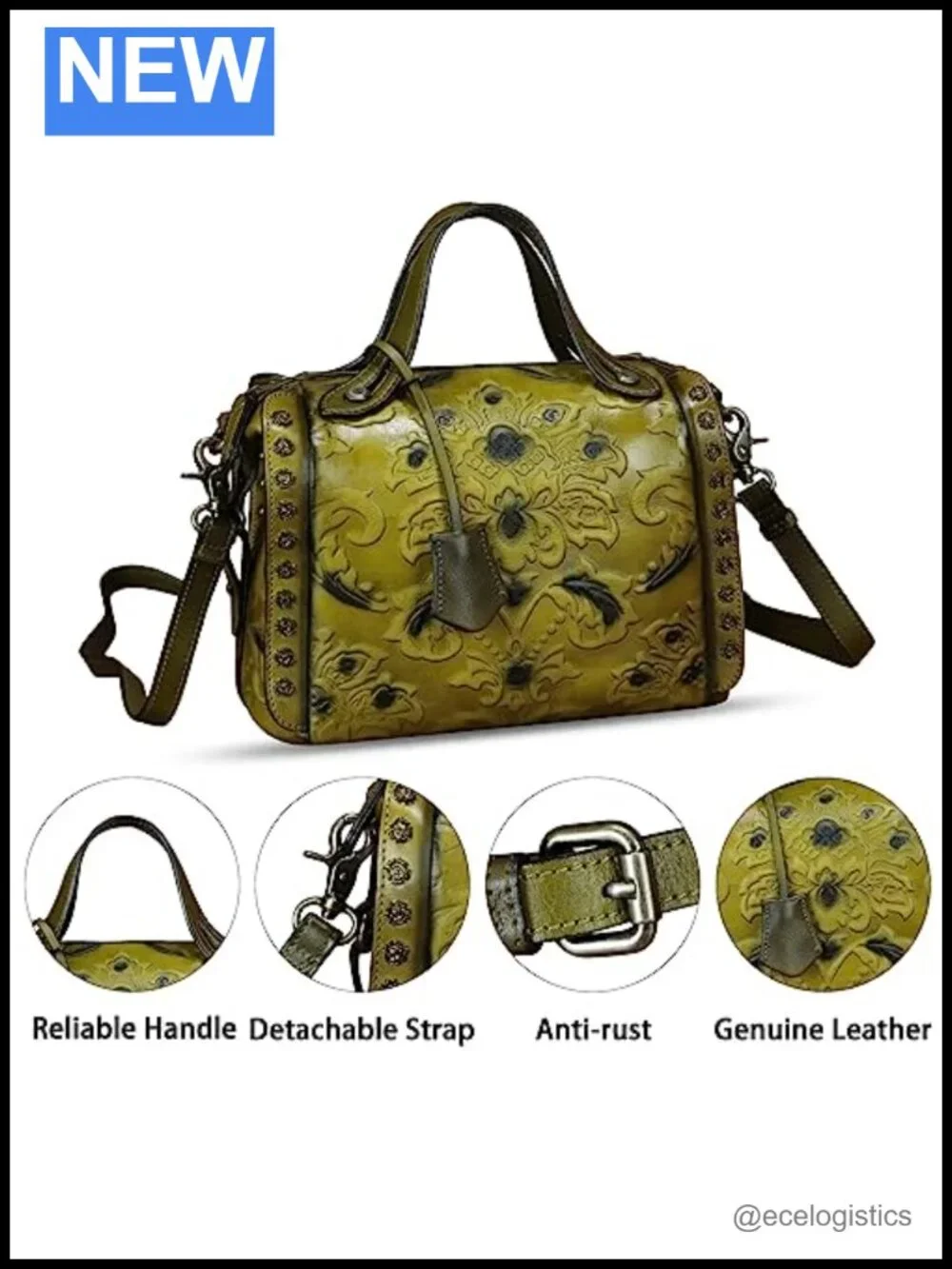 Genuine Leather Vintage Embossed Satchel Handbag Crossbody Shoulder Bag